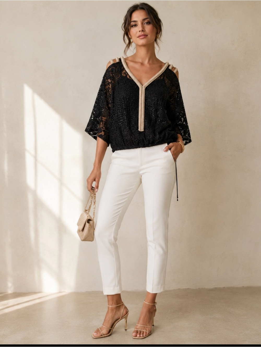 Alberto Makali Black Lace Top with Gold Accent Beads